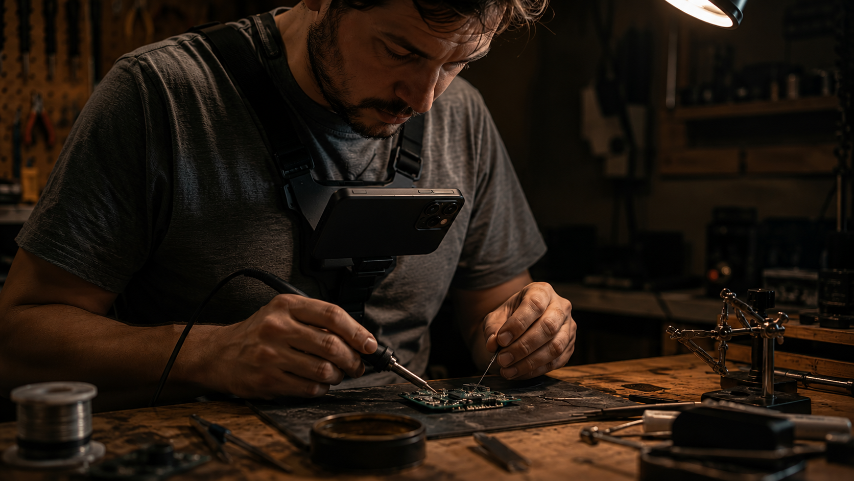 A Koretex contributor captures a workshop task with a phone mounted on a chest harness — every record provable end-to-end.